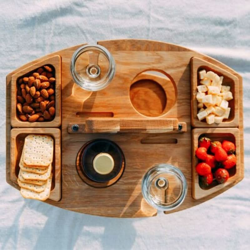 Bærbart træ-sammenklappeligt picnicbord med snackrum | meowbutter