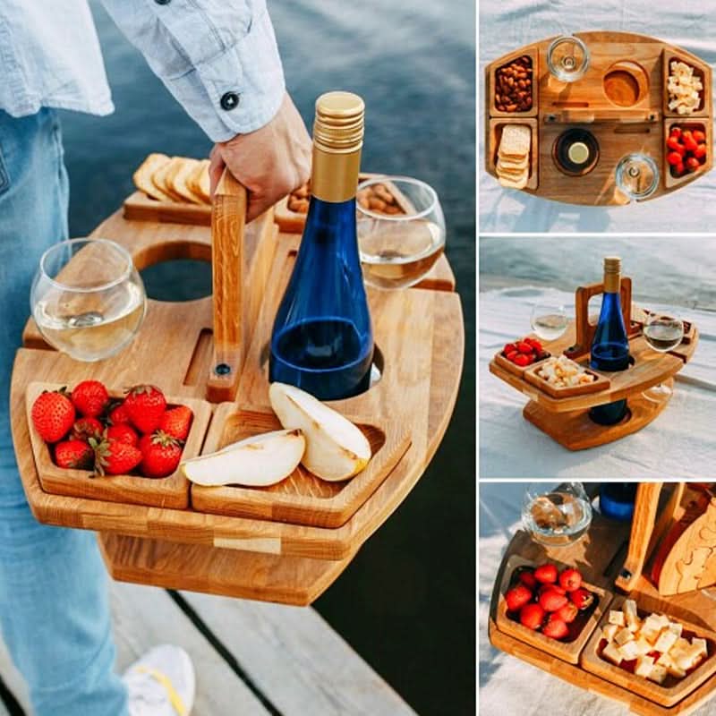Bærbart træ-sammenklappeligt picnicbord med snackrum | meowbutter