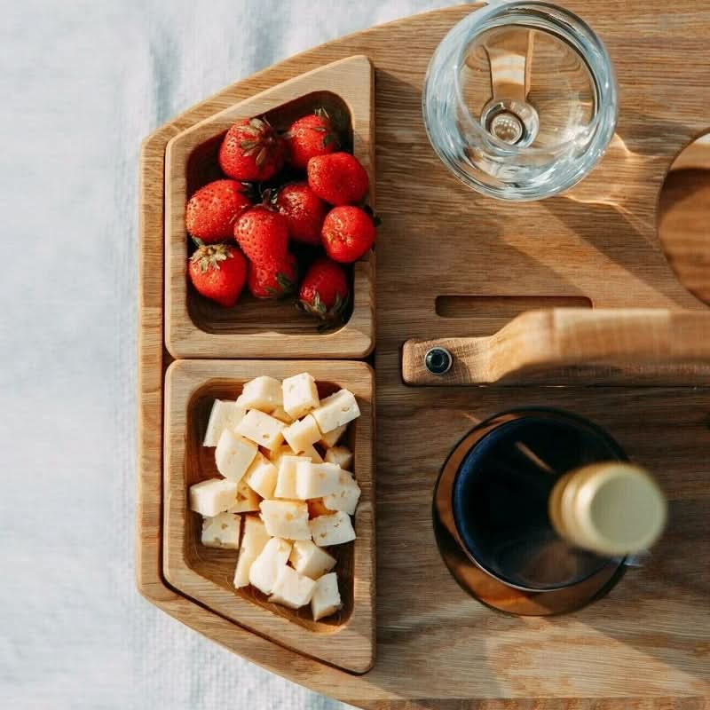 Bærbart træ-sammenklappeligt picnicbord med snackrum | meowbutter