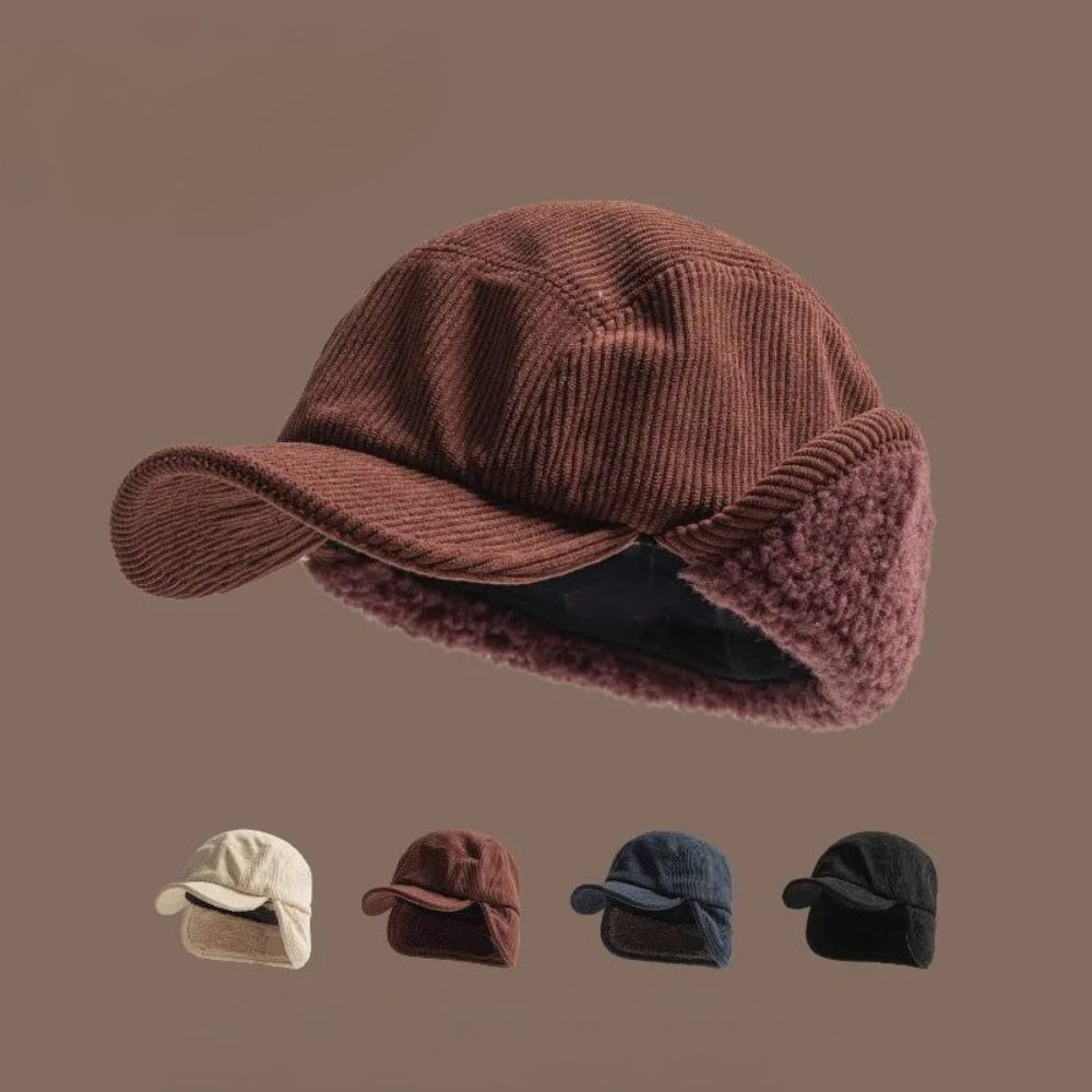Gorra de invierno unisex con orejeras - Exterior de punto acanalado, forro de micropolar, visera curvada