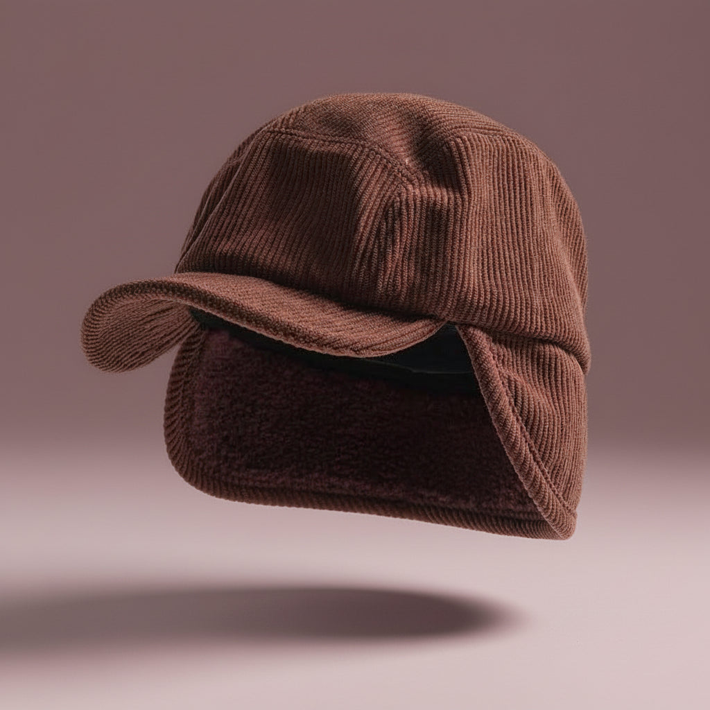Gorra de invierno unisex con orejeras - Exterior de punto acanalado, forro de micropolar, visera curvada