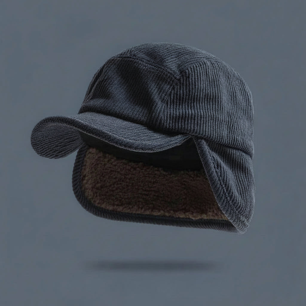 Gorra de invierno unisex con orejeras - Exterior de punto acanalado, forro de micropolar, visera curvada