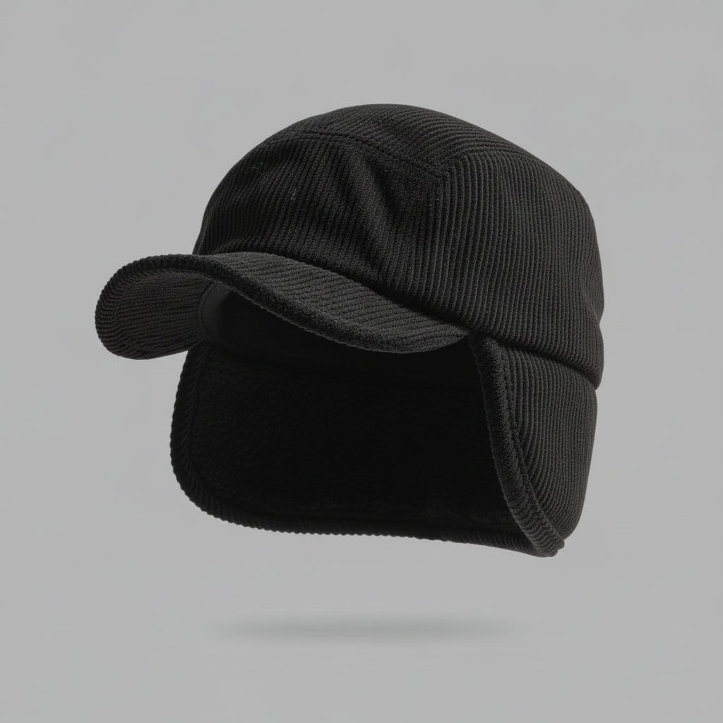 Gorra de invierno unisex con orejeras - Exterior de punto acanalado, forro de micropolar, visera curvada