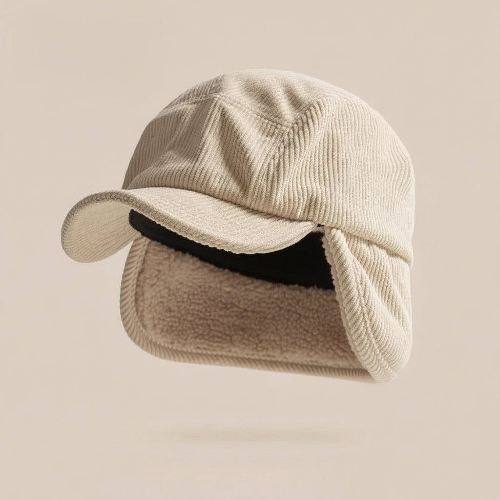 Gorra de invierno unisex con orejeras - Exterior de punto acanalado, forro de micropolar, visera curvada