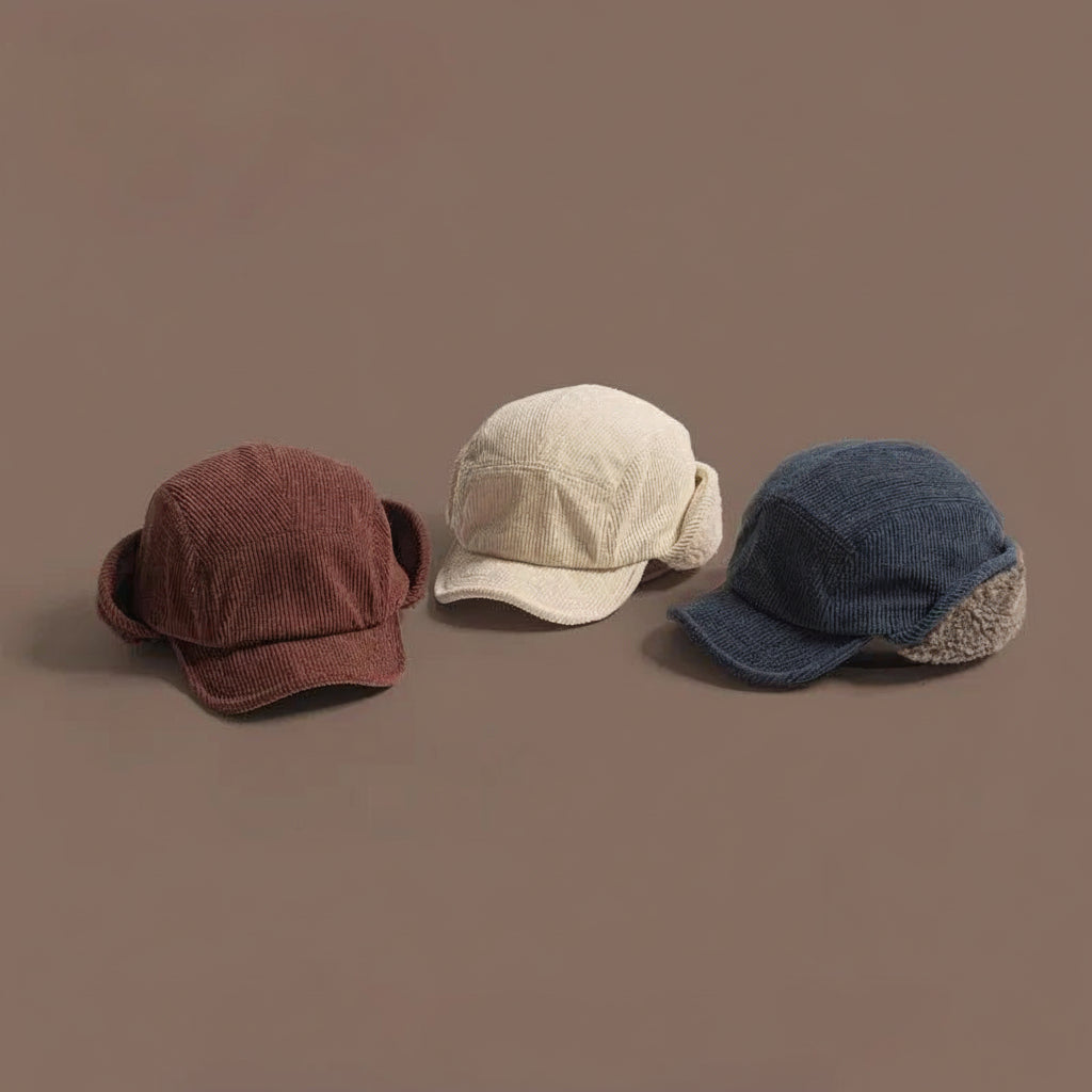 Gorra de invierno unisex con orejeras - Exterior de punto acanalado, forro de micropolar, visera curvada