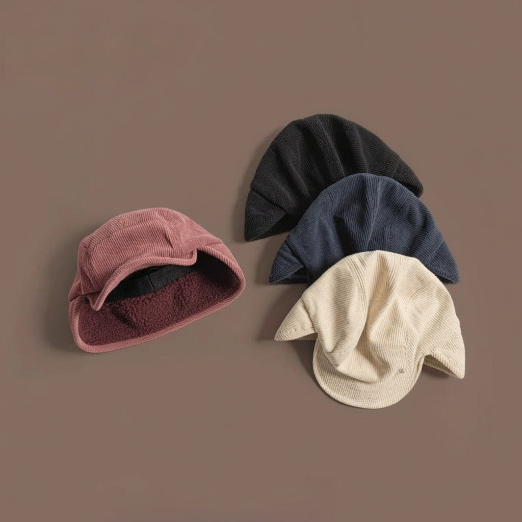 Gorra de invierno unisex con orejeras - Exterior de punto acanalado, forro de micropolar, visera curvada