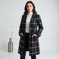 Women's Long Plaid Winter Coat — Traditional Checkered Layout
