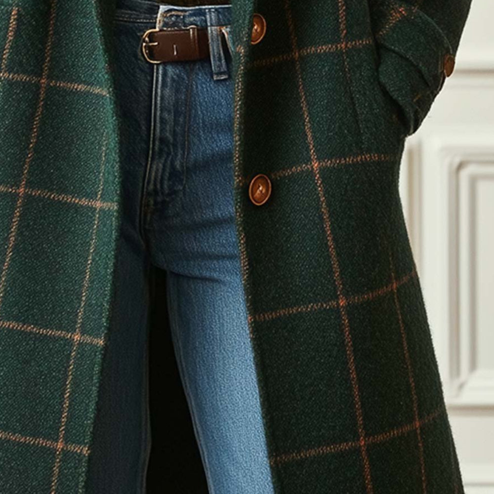 Women's Long Plaid Winter Coat — Traditional Checkered Layout