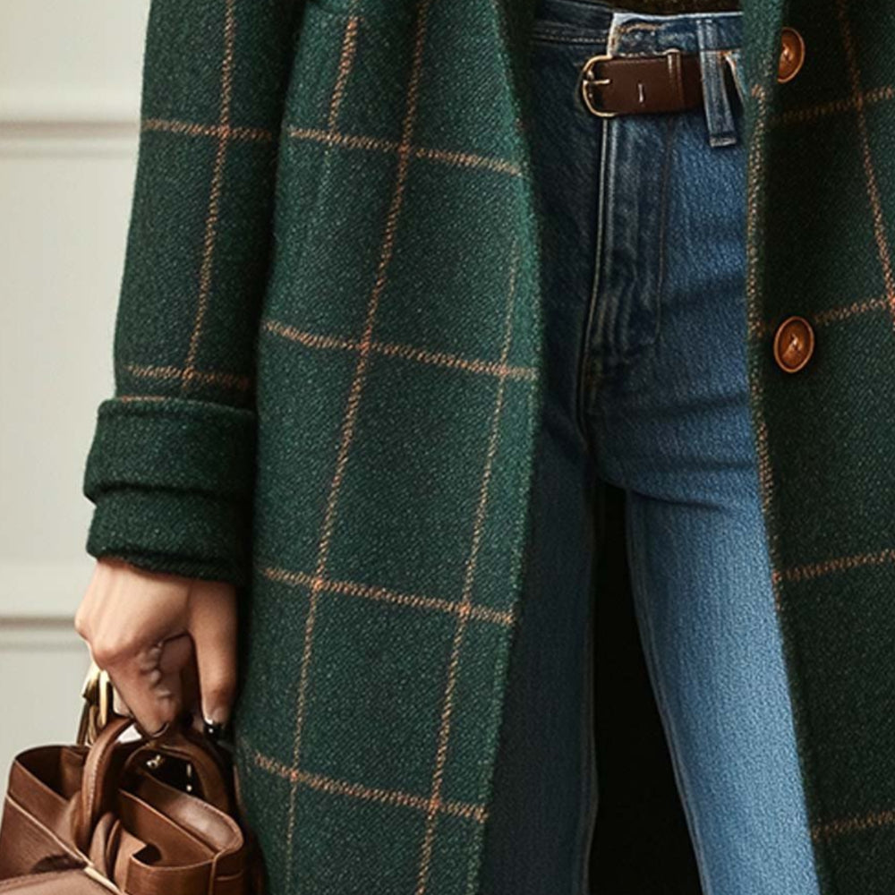 Women's Long Plaid Winter Coat — Traditional Checkered Layout