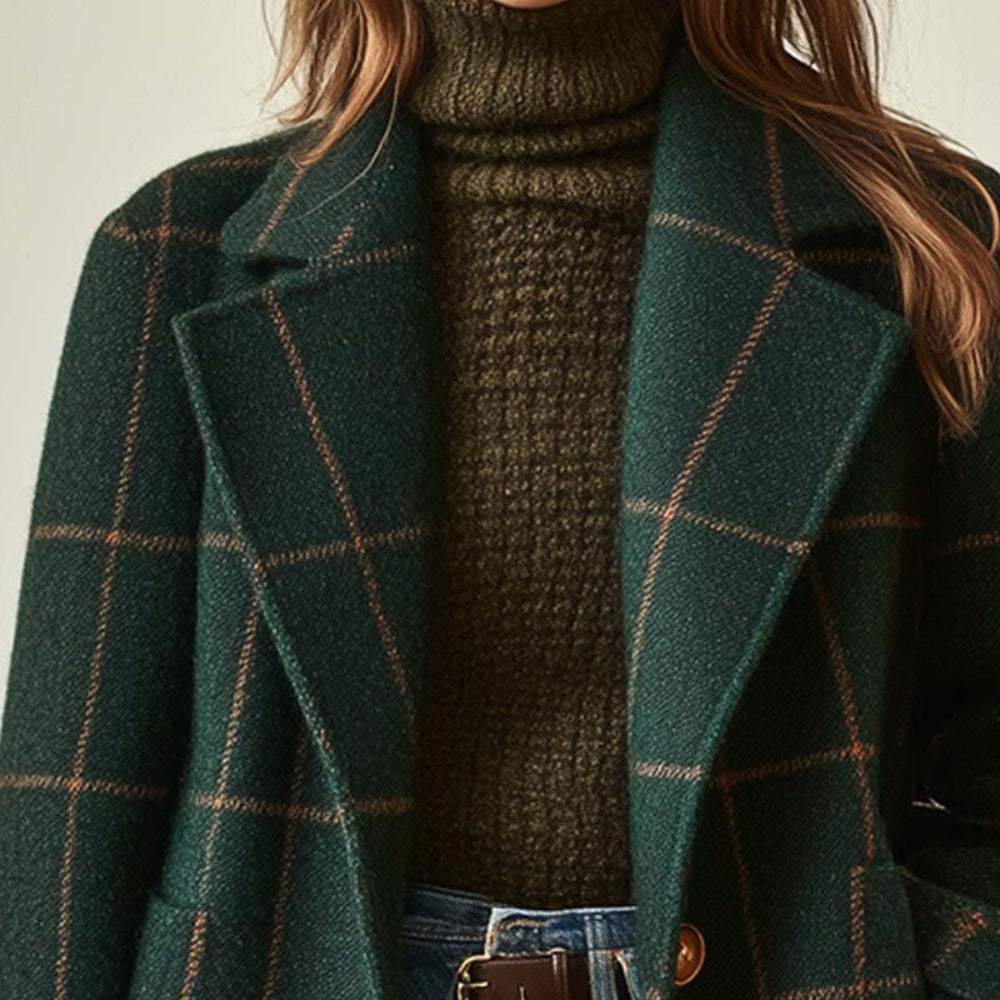 Women's Long Plaid Winter Coat — Traditional Checkered Layout