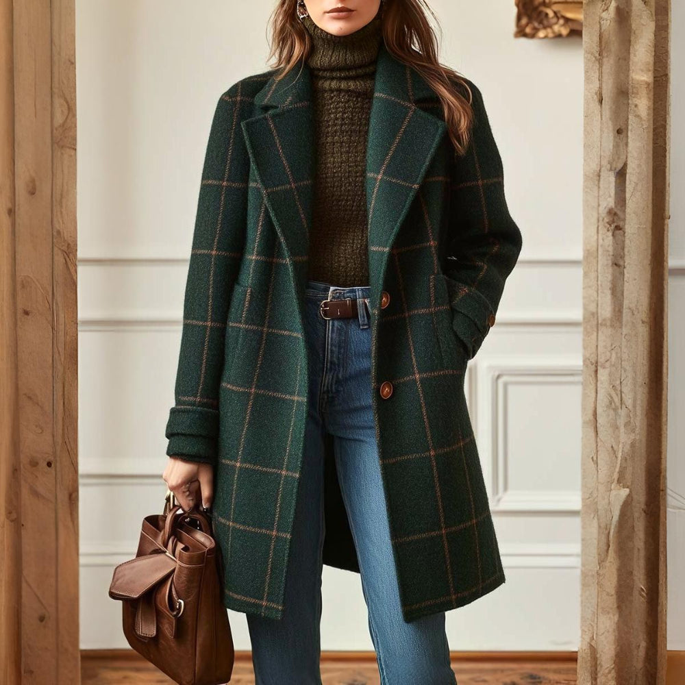 Women's Long Plaid Winter Coat — Traditional Checkered Layout