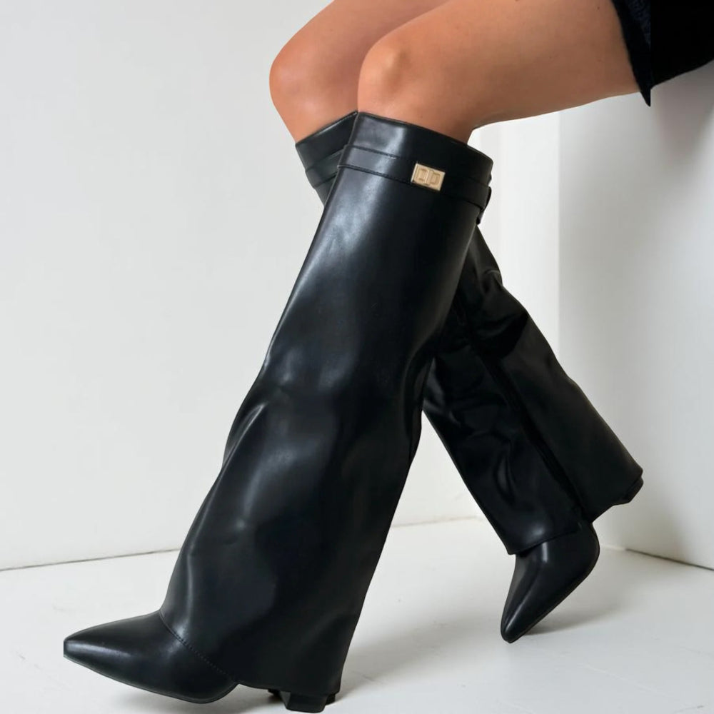 Bottes à bout pointu pour femme, hauteur genou — tige épurée, silhouette structurée