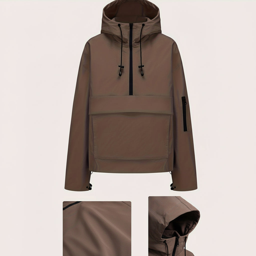 Casual Quarter-Zip Hooded Jacket — Soft Insulated Fabric, Front Zippered Pocket