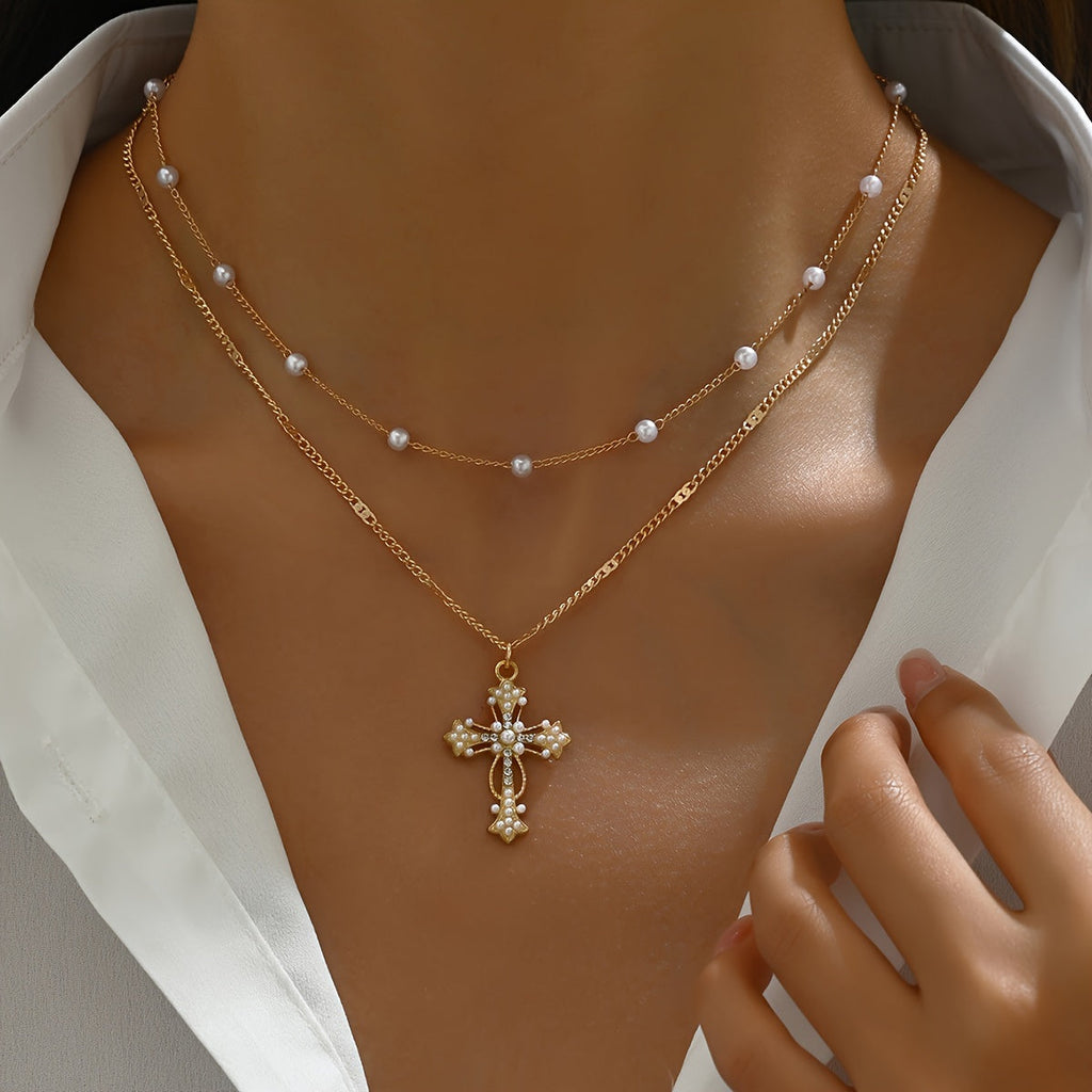 Gold Layered Cross Necklace — Beaded Chain Pendant, 40 × 2 cm
