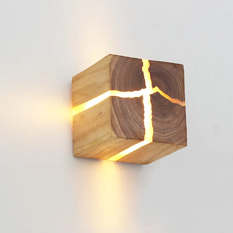 WoodAura Solid Wood Wall Light — Hand-Carved Frame, Embedded Resin Inlay