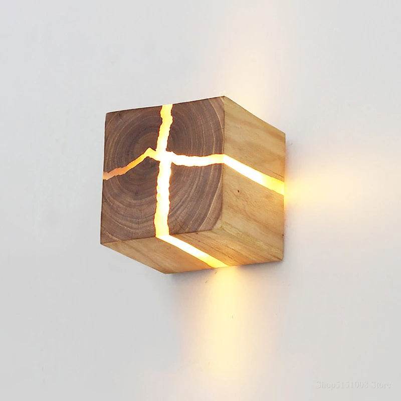 WoodAura Solid Wood Wall Light — Hand-Carved Frame, Embedded Resin Inlay