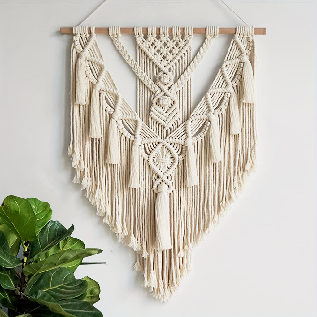 Tapeçaria de parede boémia em macramé — nós feitos à mão e franjas, 70 x 45 cm