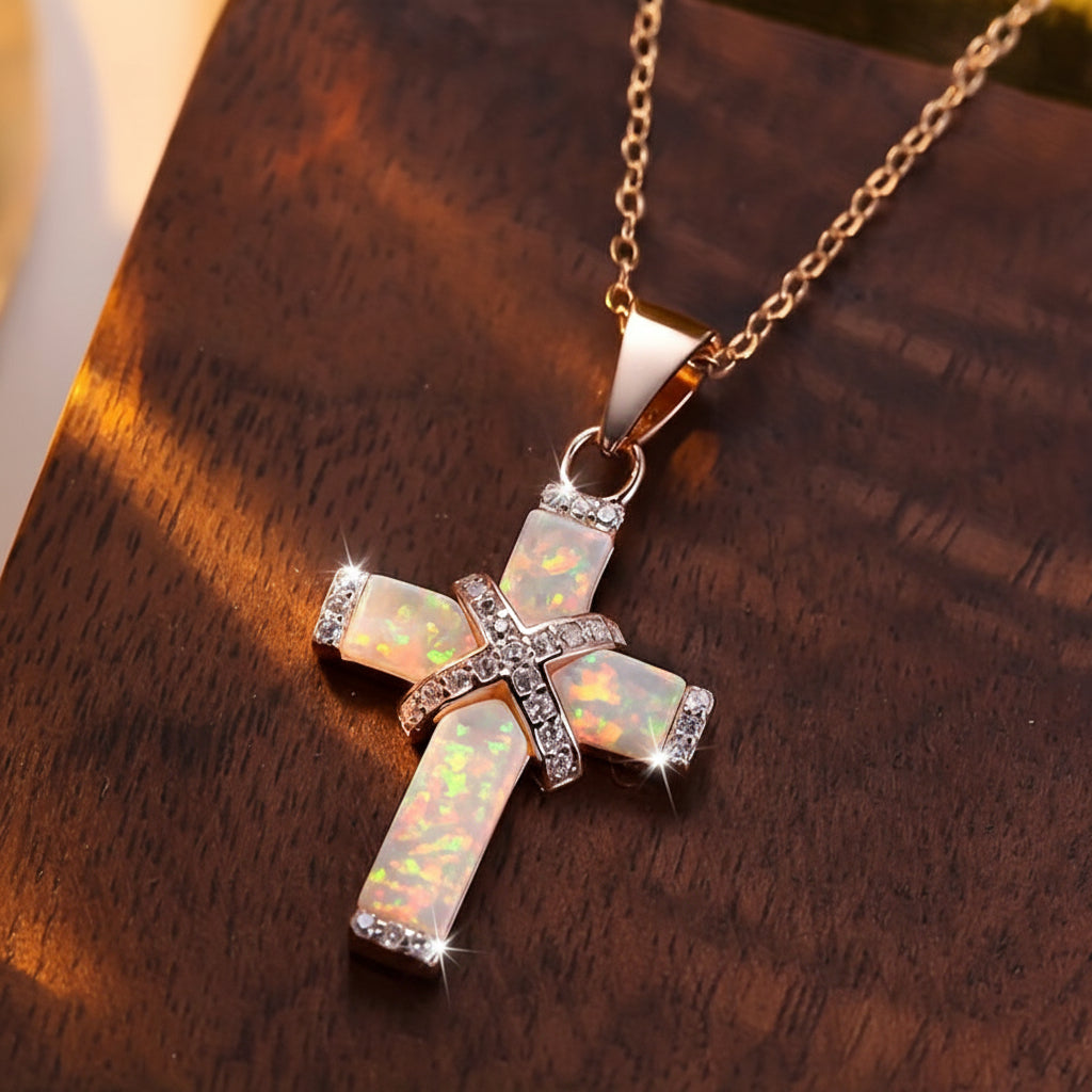 Rose Gold Cross Pendant Necklace — Clear Rhinestone Trim, Metallic Finish