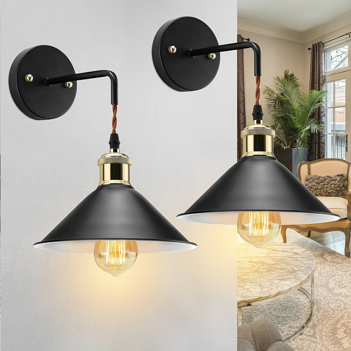 Industriell vegglampe i oljepolert metall — halvplan innfatning, solid ramme, fast tilkobling