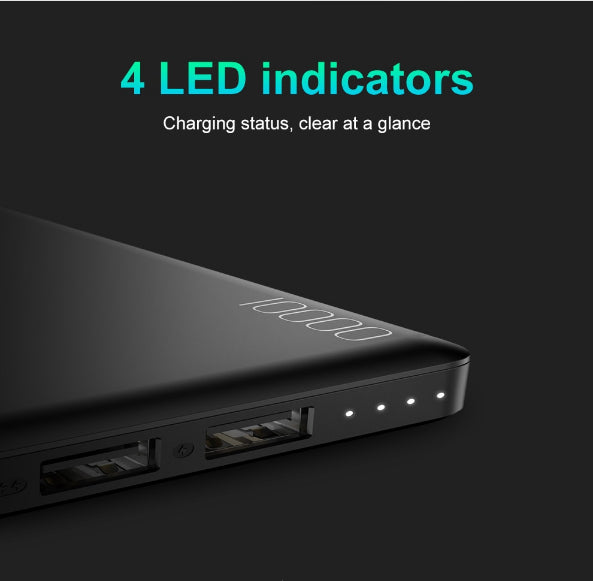 Bateria portátil ultrafina de 10000 mAh — USB duplo, indicadores LED