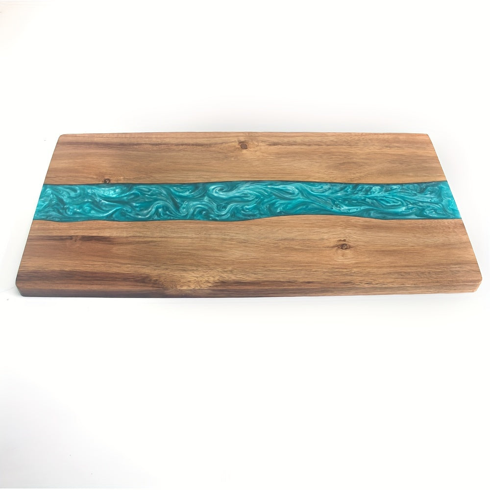 Tábua de resina e madeira de acácia com efeito de rio — superfície de corte retangular, 46 x 23 cm