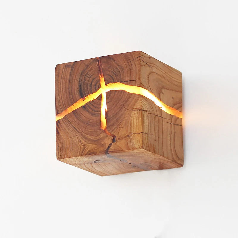 WoodAura Solid Wood Wall Light — Hand-Carved Frame, Embedded Resin Inlay