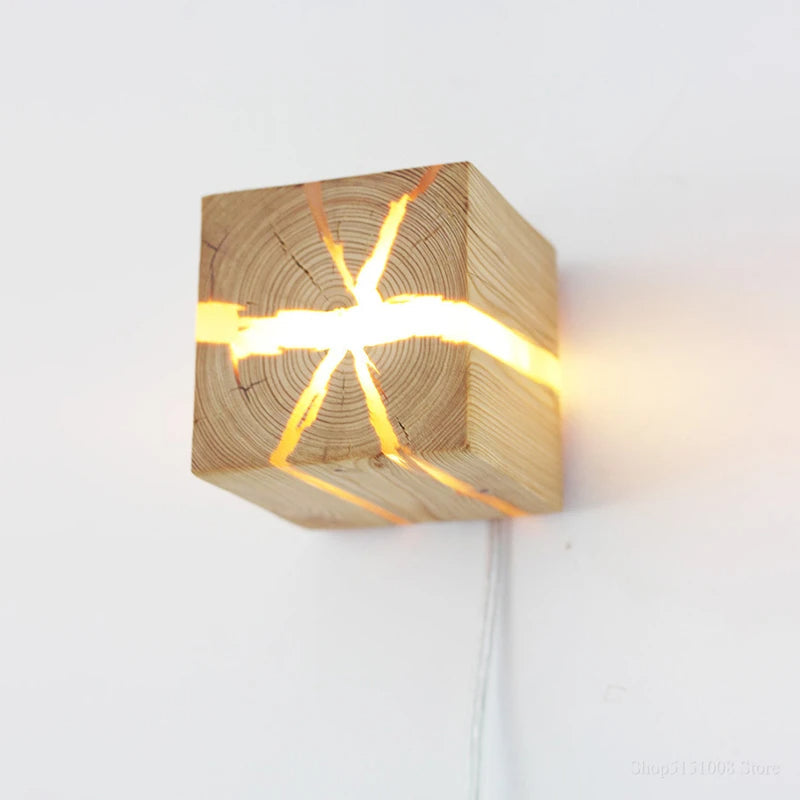 WoodAura Solid Wood Wall Light — Hand-Carved Frame, Embedded Resin Inlay