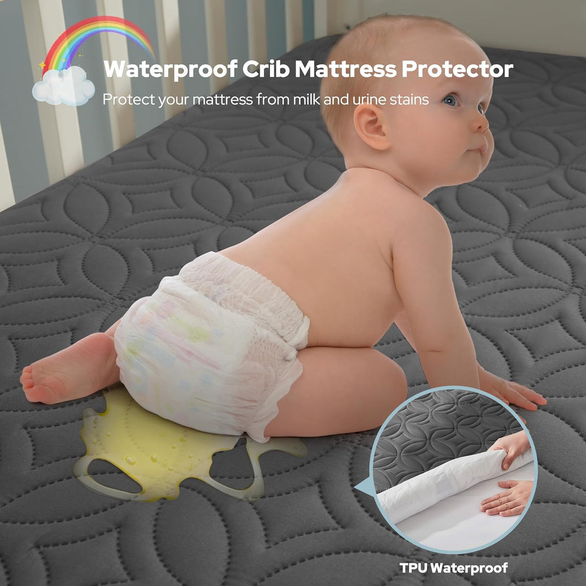 מגן מזרן לעריסה CozyNest עמיד למים — בד אפור רך, הגנה שקטה, רחיץ