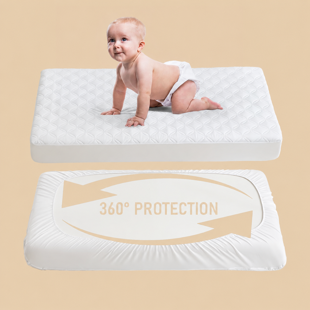 מגן מזרן לעריסה CozyNest עמיד למים — בד אפור רך, הגנה שקטה, רחיץ