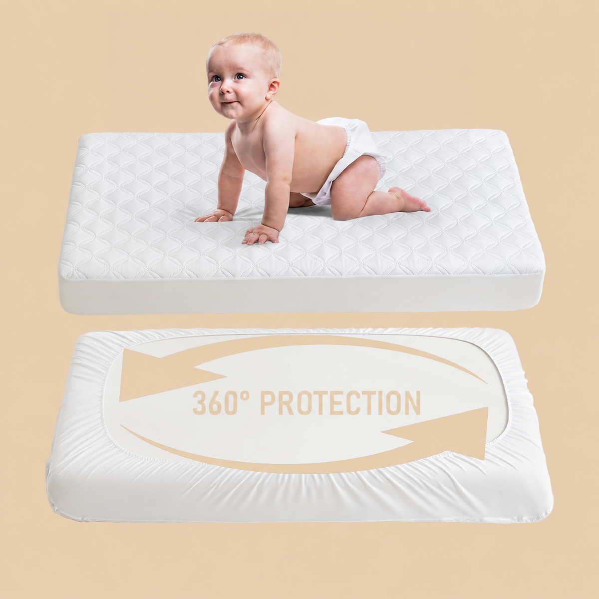 מגן מזרן לעריסה CozyNest עמיד למים — בד אפור רך, הגנה שקטה, רחיץ