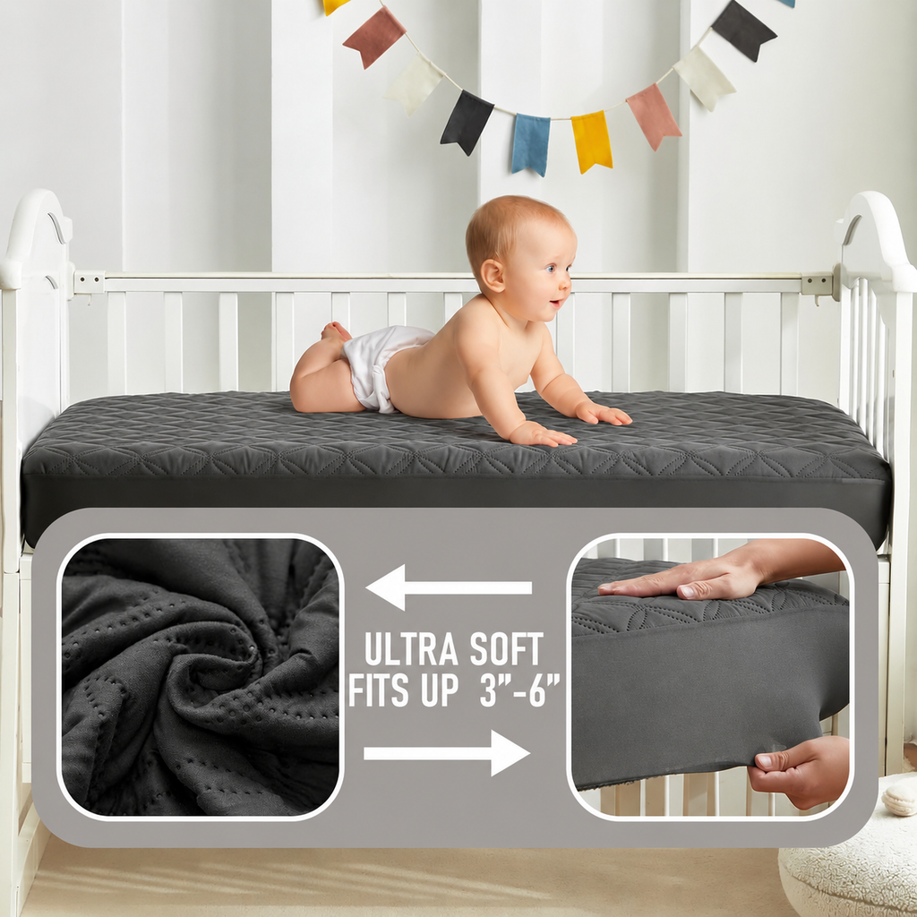 מגן מזרן לעריסה CozyNest עמיד למים — בד אפור רך, הגנה שקטה, רחיץ