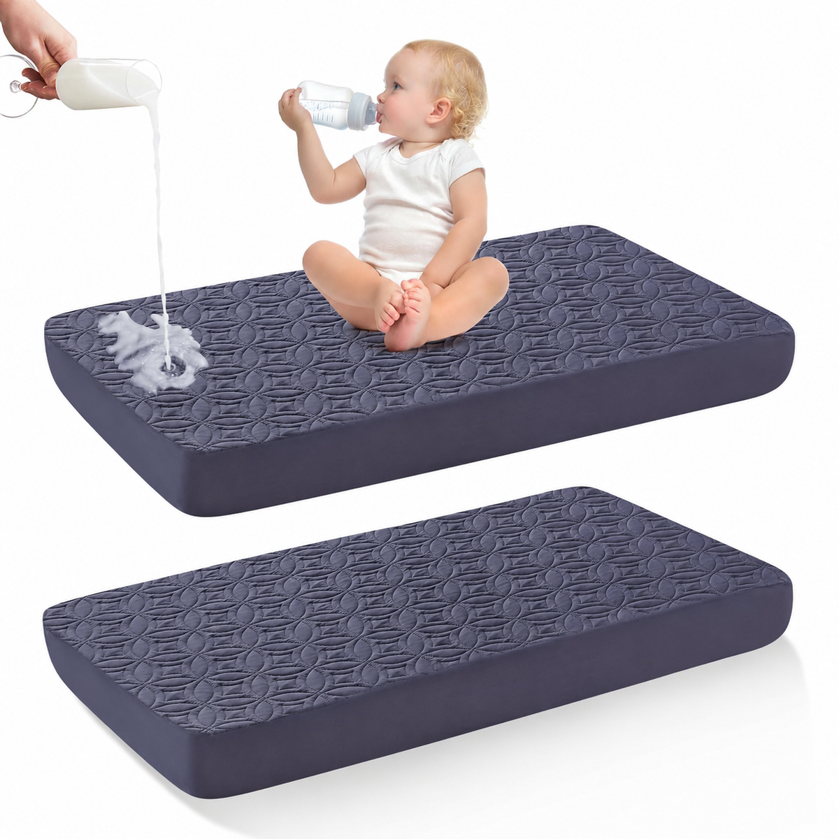 מגן מזרן לעריסה CozyNest עמיד למים — בד אפור רך, הגנה שקטה, רחיץ