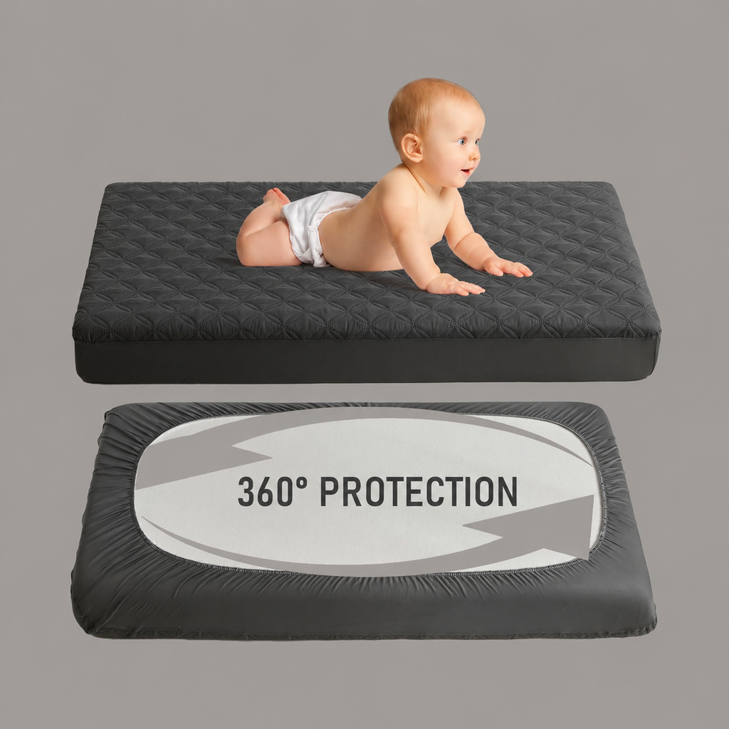 מגן מזרן לעריסה CozyNest עמיד למים — בד אפור רך, הגנה שקטה, רחיץ