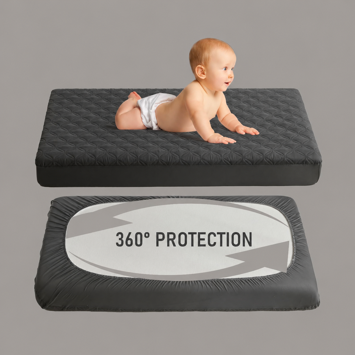 מגן מזרן לעריסה CozyNest עמיד למים — בד אפור רך, הגנה שקטה, רחיץ