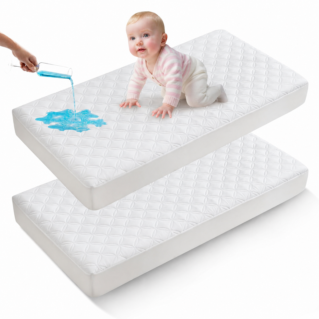 מגן מזרן לעריסה CozyNest עמיד למים — בד אפור רך, הגנה שקטה, רחיץ