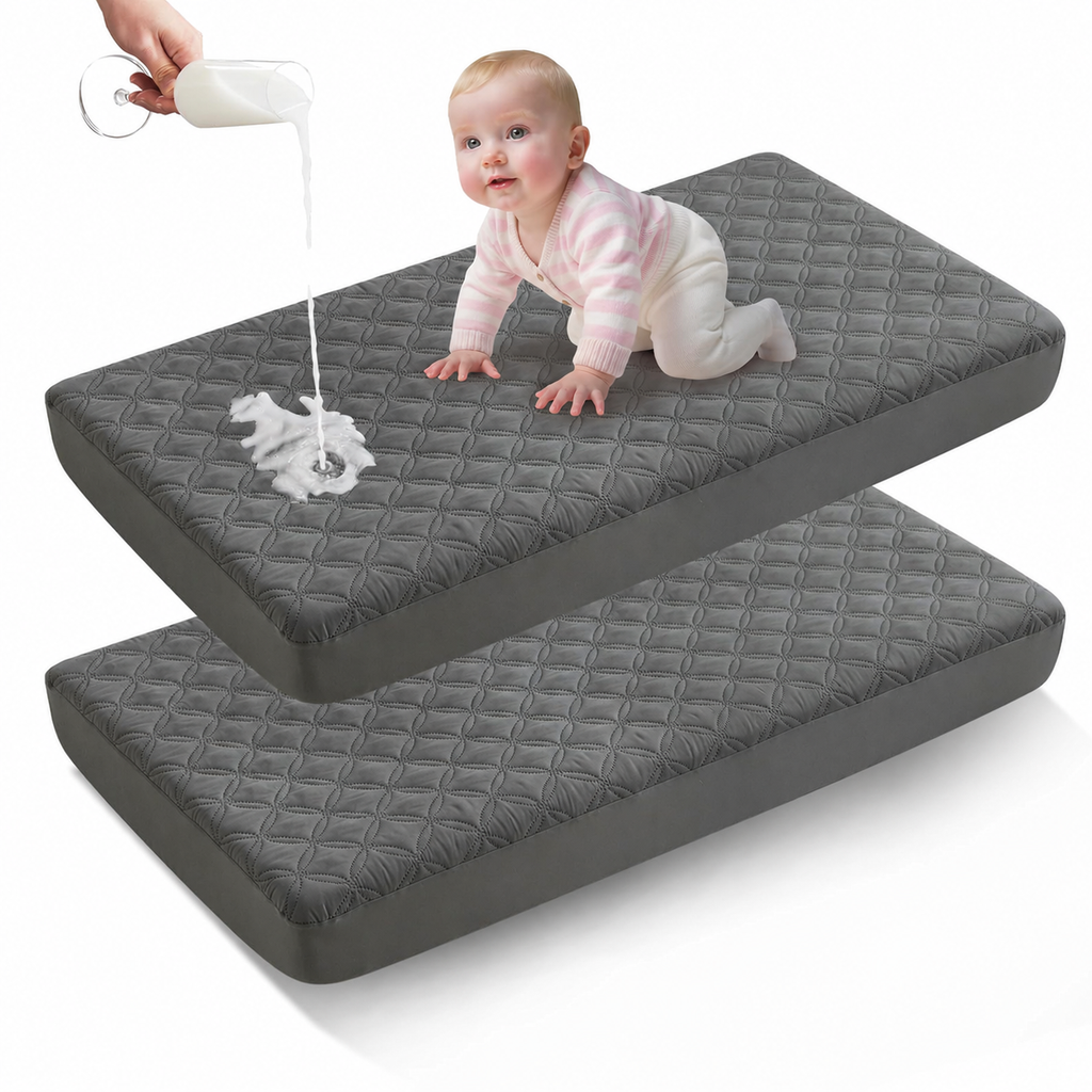 מגן מזרן לעריסה CozyNest עמיד למים — בד אפור רך, הגנה שקטה, רחיץ
