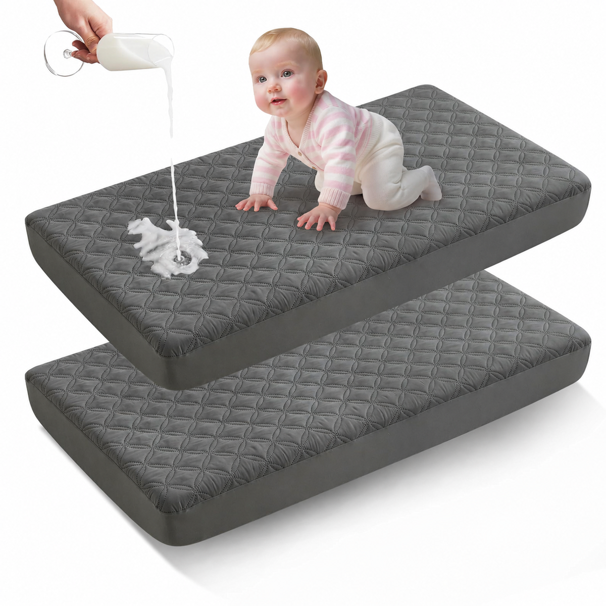 מגן מזרן לעריסה CozyNest עמיד למים — בד אפור רך, הגנה שקטה, רחיץ
