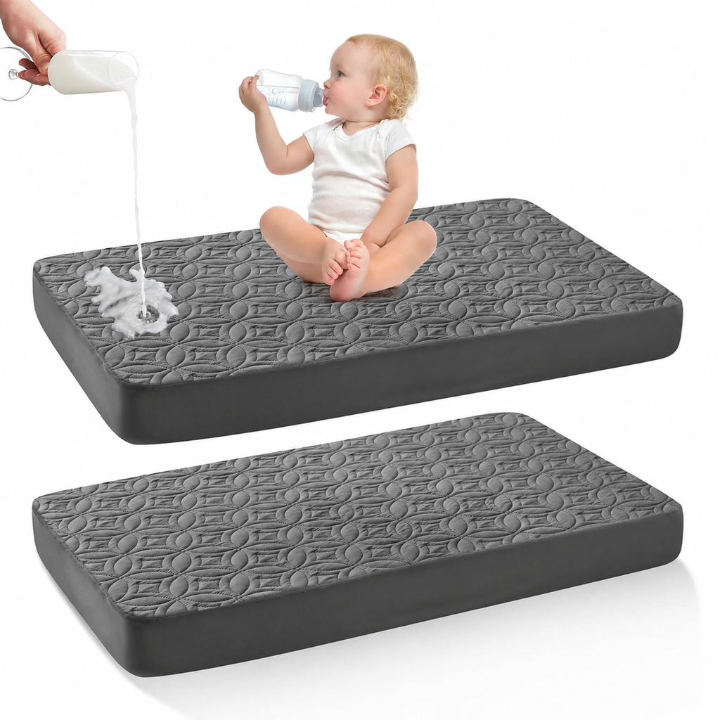 מגן מזרן לעריסה CozyNest עמיד למים — בד אפור רך, הגנה שקטה, רחיץ