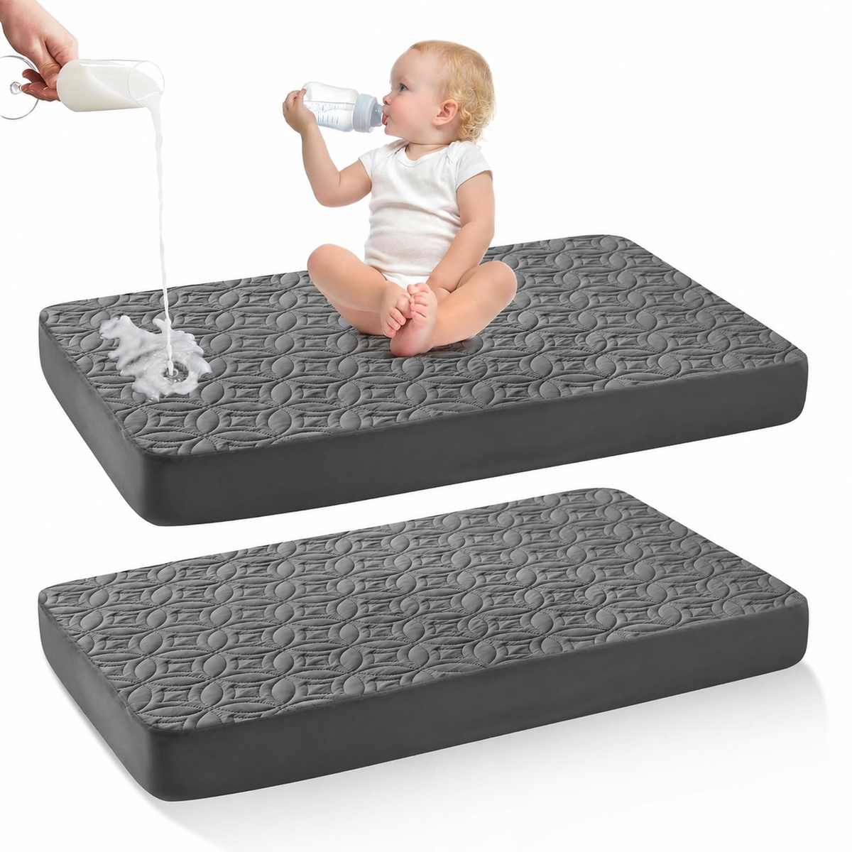 מגן מזרן לעריסה CozyNest עמיד למים — בד אפור רך, הגנה שקטה, רחיץ