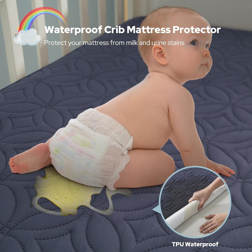 מגן מזרן לעריסה CozyNest עמיד למים — בד אפור רך, הגנה שקטה, רחיץ