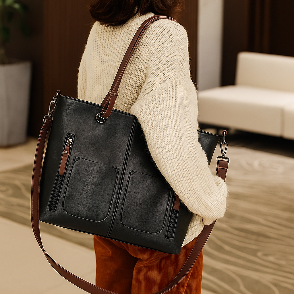 Women's Vintage Structured Tote Bag — Spacious, Integrated Pockets
