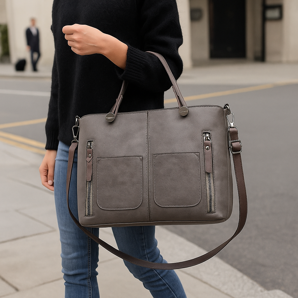 Women's Vintage Structured Tote Bag — Spacious, Integrated Pockets