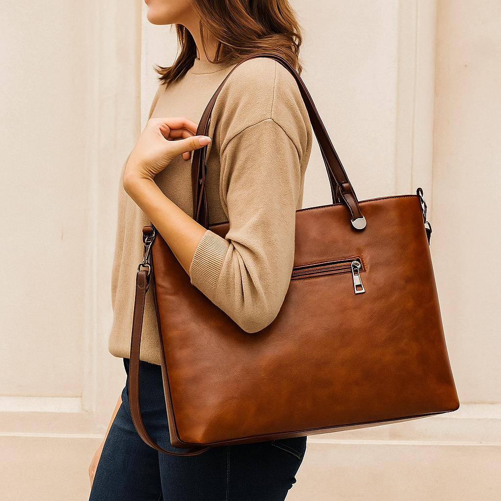 Women's Vintage Structured Tote Bag — Spacious, Integrated Pockets