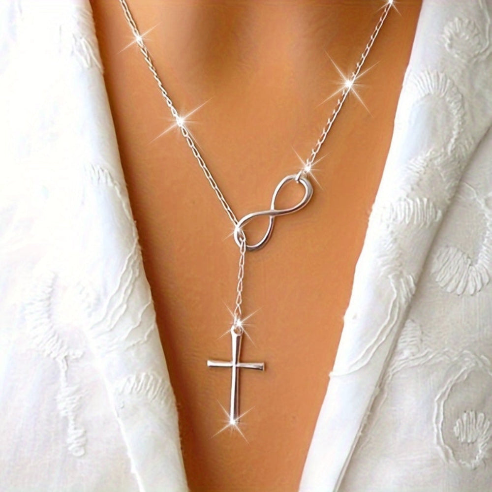 Vintage Silver Cross Necklace — Zinc Alloy Pendant, 3.5 x 2 cm, 50 cm Chain