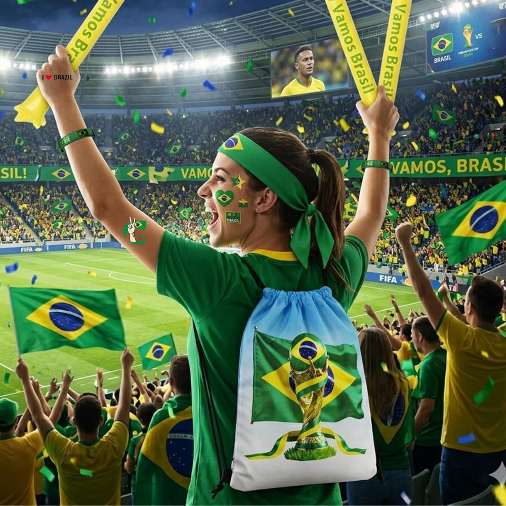 Brazil zászlós világbajnoki szurkolói készlet - címer, színek és szurkolói kellékek csomagja