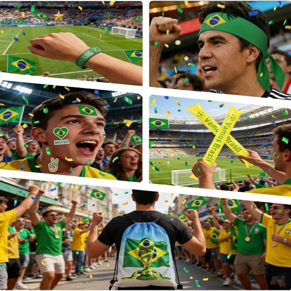 Brazil zászlós világbajnoki szurkolói készlet - címer, színek és szurkolói kellékek csomagja