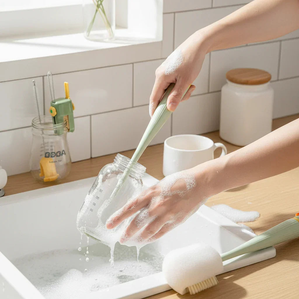 5-in-1 flessenborstelset — smalle hals, dekselschrobber en flexibele rietjesreiniger