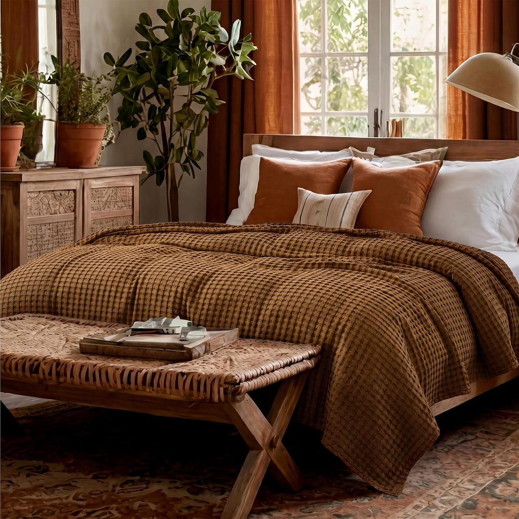 Δροσερή κουβέρτα Cozy Haven για κρεβάτι Queen — Βαμβακερή και μπαμπού κουβέρτα με ύφανση βάφλας, ελαφριά και απαλή