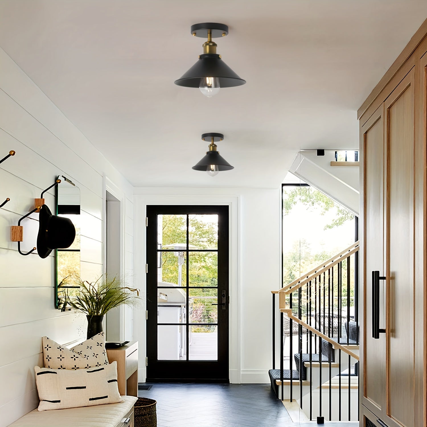 Industrial Black Semi Flush Mount Ceiling Light | Vintage Metal Pendant Fixture | Meowbutter