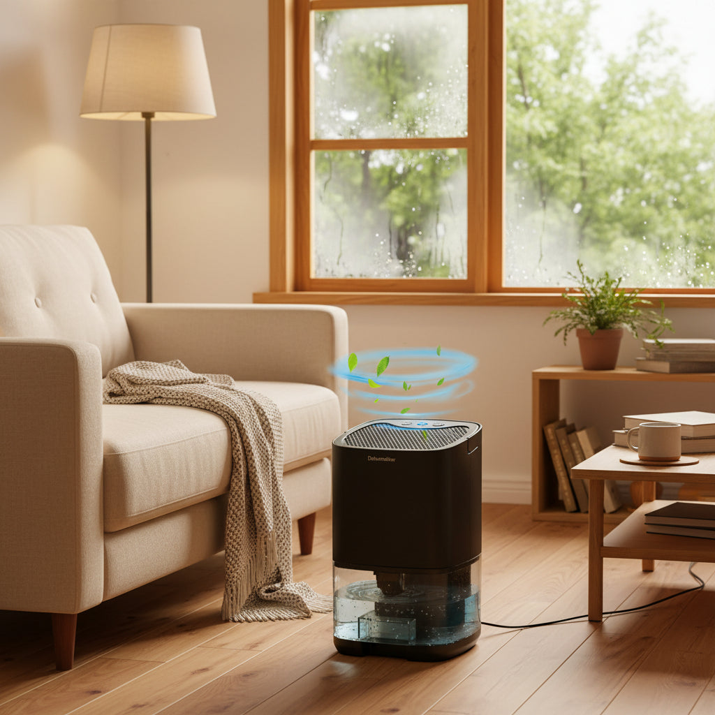 Deshumidificador portátil compacto — luz nocturna y refrigeración integradas